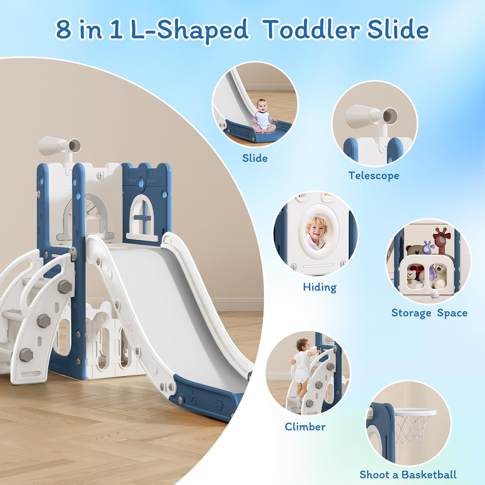 6 in 1 Toddler Slide,Kids Playset for Toddlers Indoor Outdoor, Baby Slide with Basketball Hoop, Telescope & Storage Space,Non-Slip Steps for Great Gift