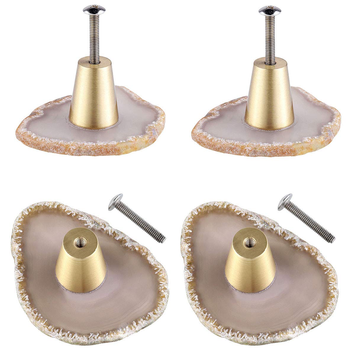 mookaitedecor Set of 4 Natural Agate Drawer Knobs with Screws, Irregular Grey Knobs Natural Crystal Knobs for Cabinet Kitchen Wardrobe Door Decorative Crystal Stone Cupboard Handles Furniture Decor
