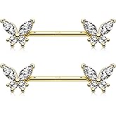 Jewseen 14K Solid Gold Nipple Rings 2Pcs Nipple Barbell 14G Nipple Piercing Butterfly Nipple Jewelry for Women Men