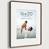 16x20 Picture Frame Natural Walnut Solid Wood Poster Frame from CA-USA with Tempered Glass, Handcrafted 16x20 Photo Frame Matted to 11x14 with Sharp Edges and Rounded Corners, Wall Mount Display