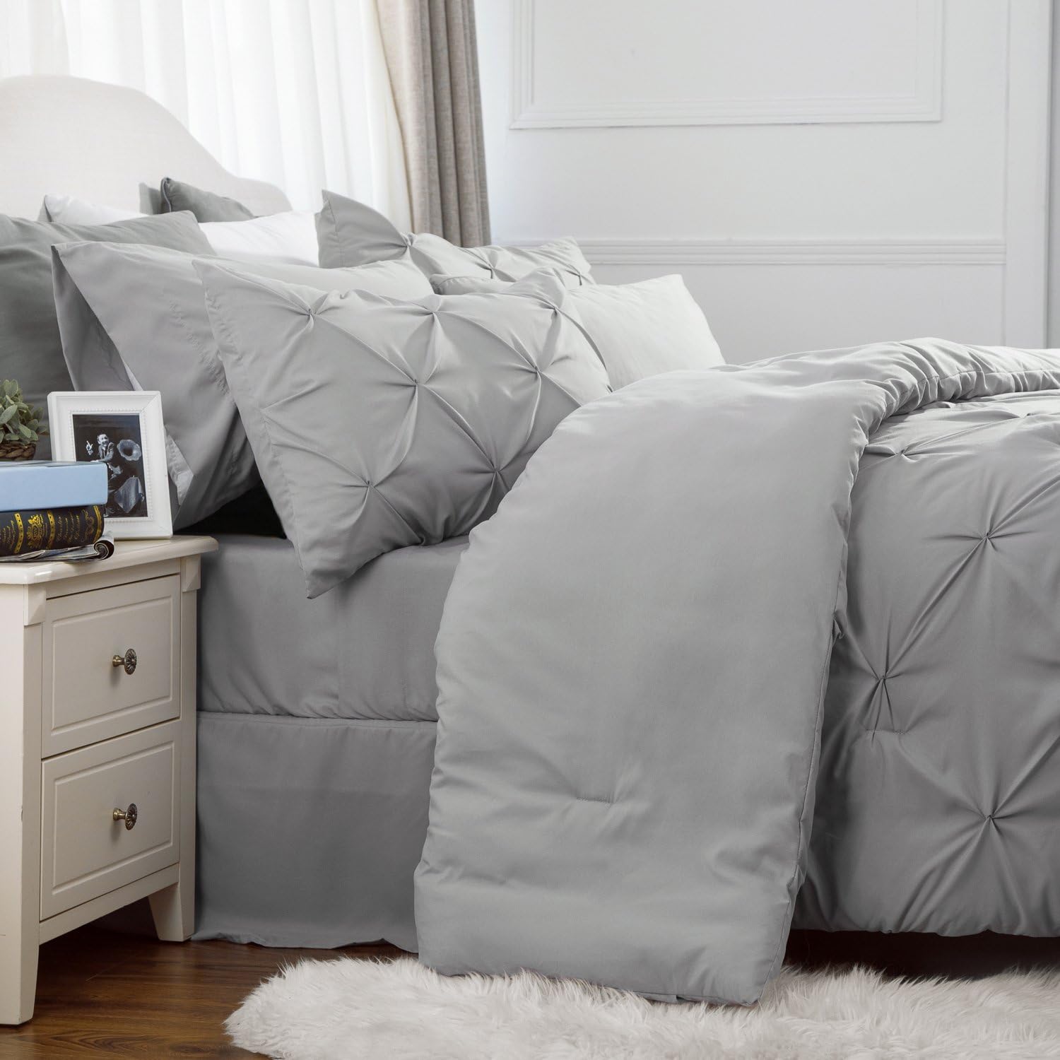 Bedsure Comforter Set Queen/Full Bed in A Bag Grey 8 Pieces - 1 Pinch Pleat Comforter(88X88 inches), 2 Pillow Shams, 1 Flat Sheet, 1 Fitted Sheet, 1 Bed Skirt, 2 Pillowcases: Home & Kitchen