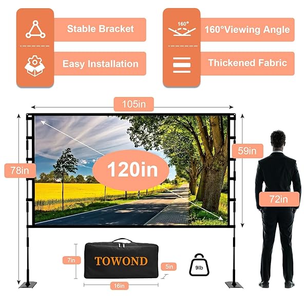 TOWOND PROJECTOR SCREEN AND STAND, 120 INCH OUTDOOR PROJECTOR SCREEN INDOOR, PORTABLE MOVIE SCREEN 16:9 4K FRONT REAR PROJECTION SCREEN WITH CARRY BAG WRINKLE-FREE DESIGN FOR HOME BACKYARD THEATER