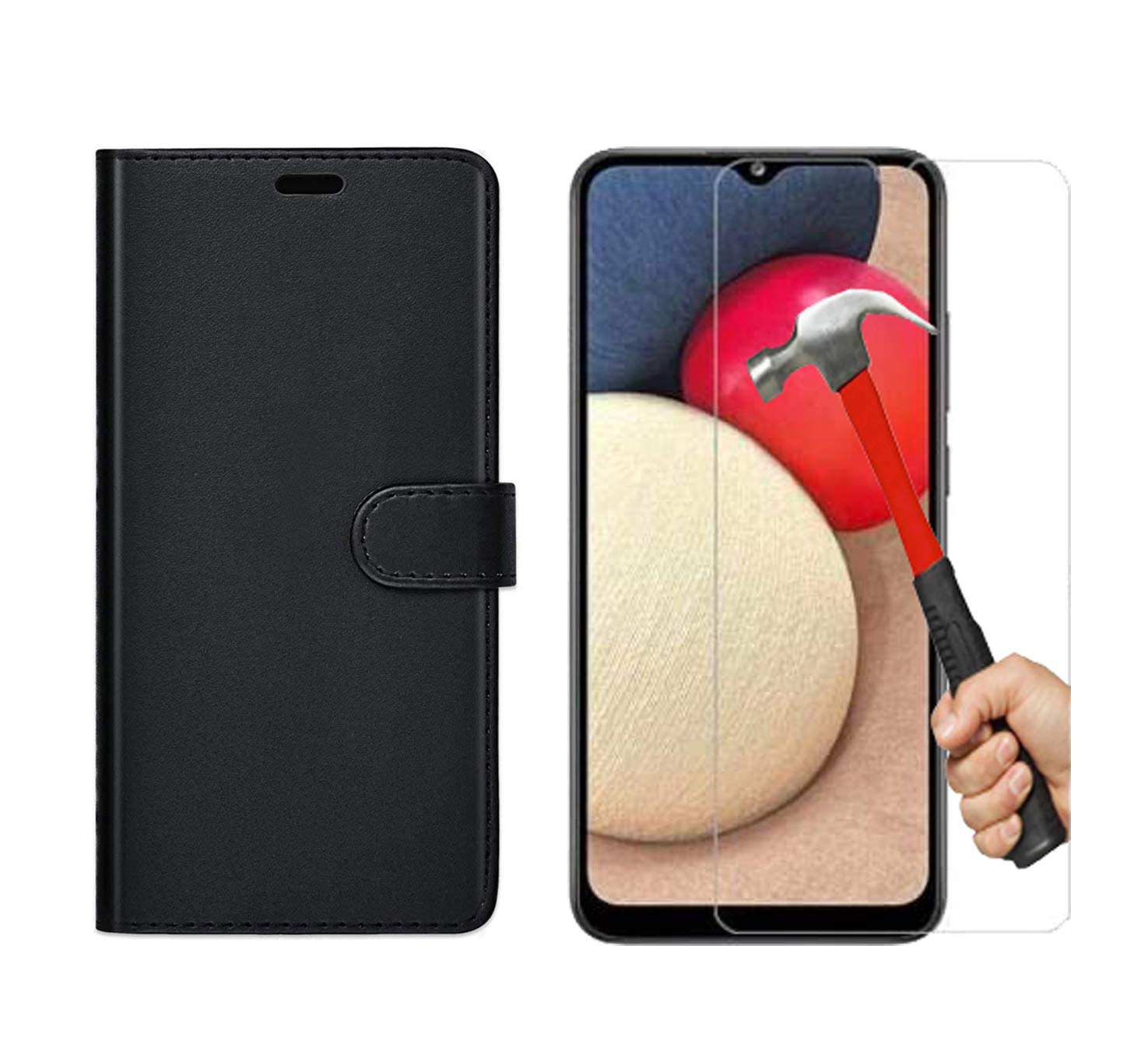 KP TECHNOLOGY Galaxy A02s Case, Galaxy A02s Leather Case, Galaxy A02s Book Flip Leather Wallet Cover with Tempered Glass Screen Protector for Samsung Galaxy A02s (BLACK)