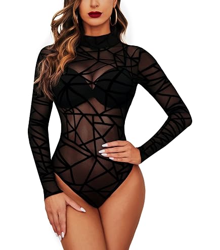Amazon.com: AVZXSA Women's Printed Mesh Long Sleeve Bodysuit, Sexy