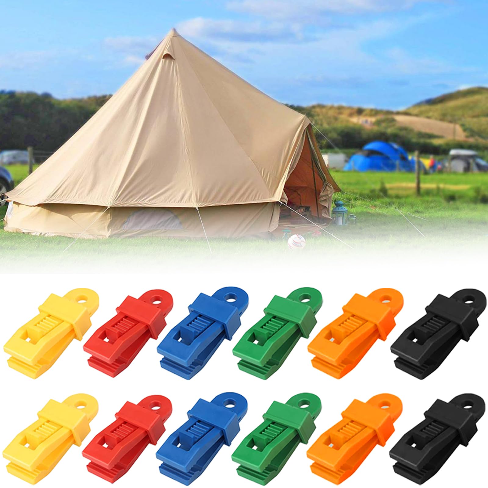 MFCGHXR 12 PCS Tarp Clips Tarpaulin Clips, Reusable Tarp Clamps Awning Tarp Clamps, Adjustable Heavy Duty Lock Grip for Tarp & Shade Cloth, for Holding Up Tarp Canopy Car Cover Sun Shade(6 Colors)