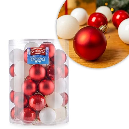 50 Red White Assorted Christmas Baubles Shatterproof Xmas Tree