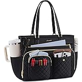 LOVEVOOK Tote Bag, Work Bags for Women with Large Cup Holder, Large Capacity Teacher Tote with Multi Pockets, Water Resistant Nurse Diaper Tote with Padded Laptop Compartment, 15.6 Inch Black