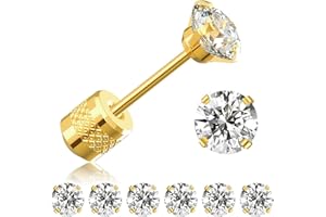 Threadless Flat Back Stud Earrings, 6 Pairs Titanium Hypoallergenic Earrings for Women Men, Cubic Zirconia Silver Gold Stud E