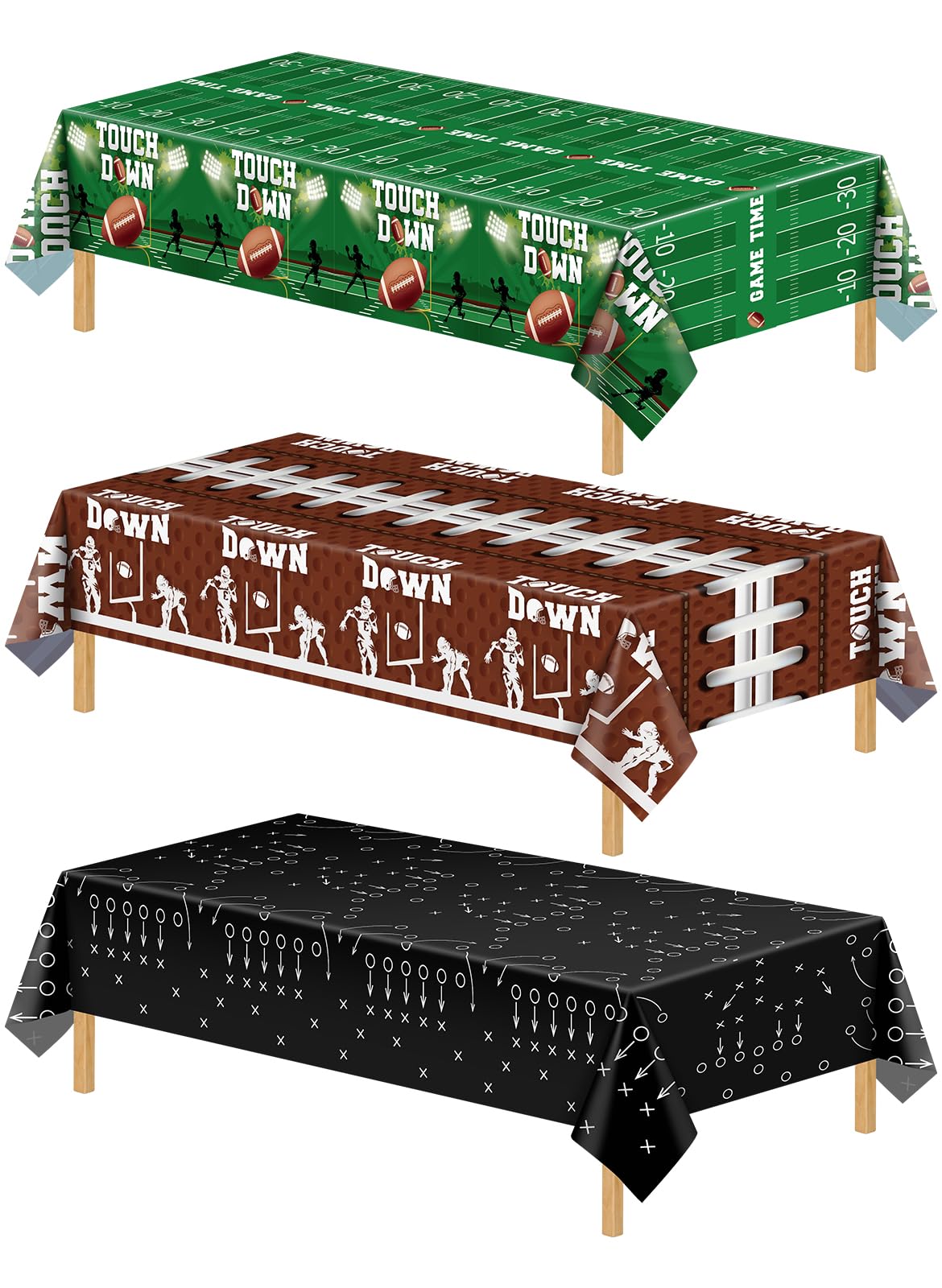 Photo 1 of NatNarr 3 Pack Plastic Football Tablecloth, Superbowl Party Decorations 54 x 108 Inch Plastic Table Cloth for Rectangle Tables Disposable Touchdown Table Cover for Football Theme Party Games Decor