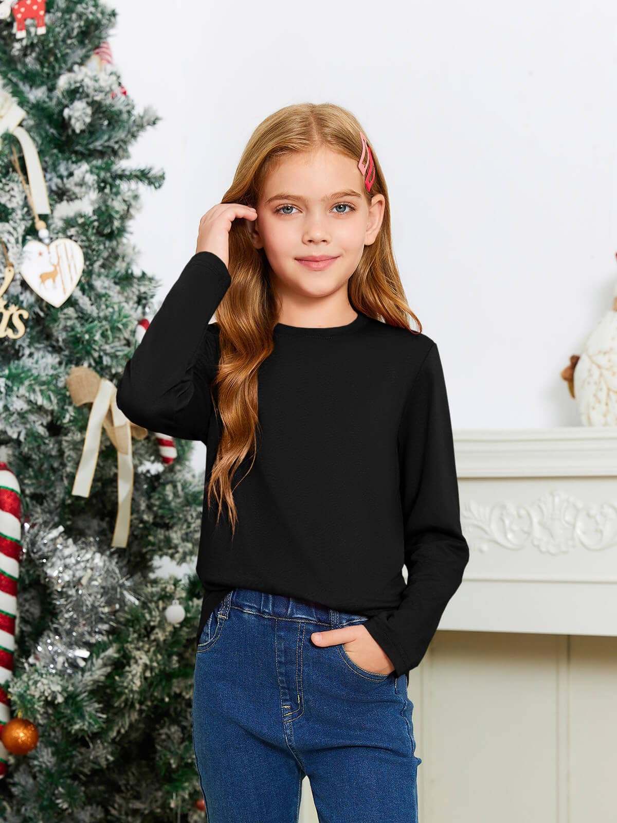 Haloumoning Girls Long Sleeve T Shirts Kids Fall Tops Crewneck Basic Tees 5-14Y