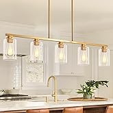 Mecgirn Island Light for Kitchen, Brushed Gold Dining Room Light Fixture Over Table, 5-Light Linear Chandelier Pendant Lighti