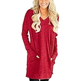 Tunic Tops to Wear with Leggings Womens Casual Long Sleeves Solid V Neck Sweatshirt with Pockets Red M