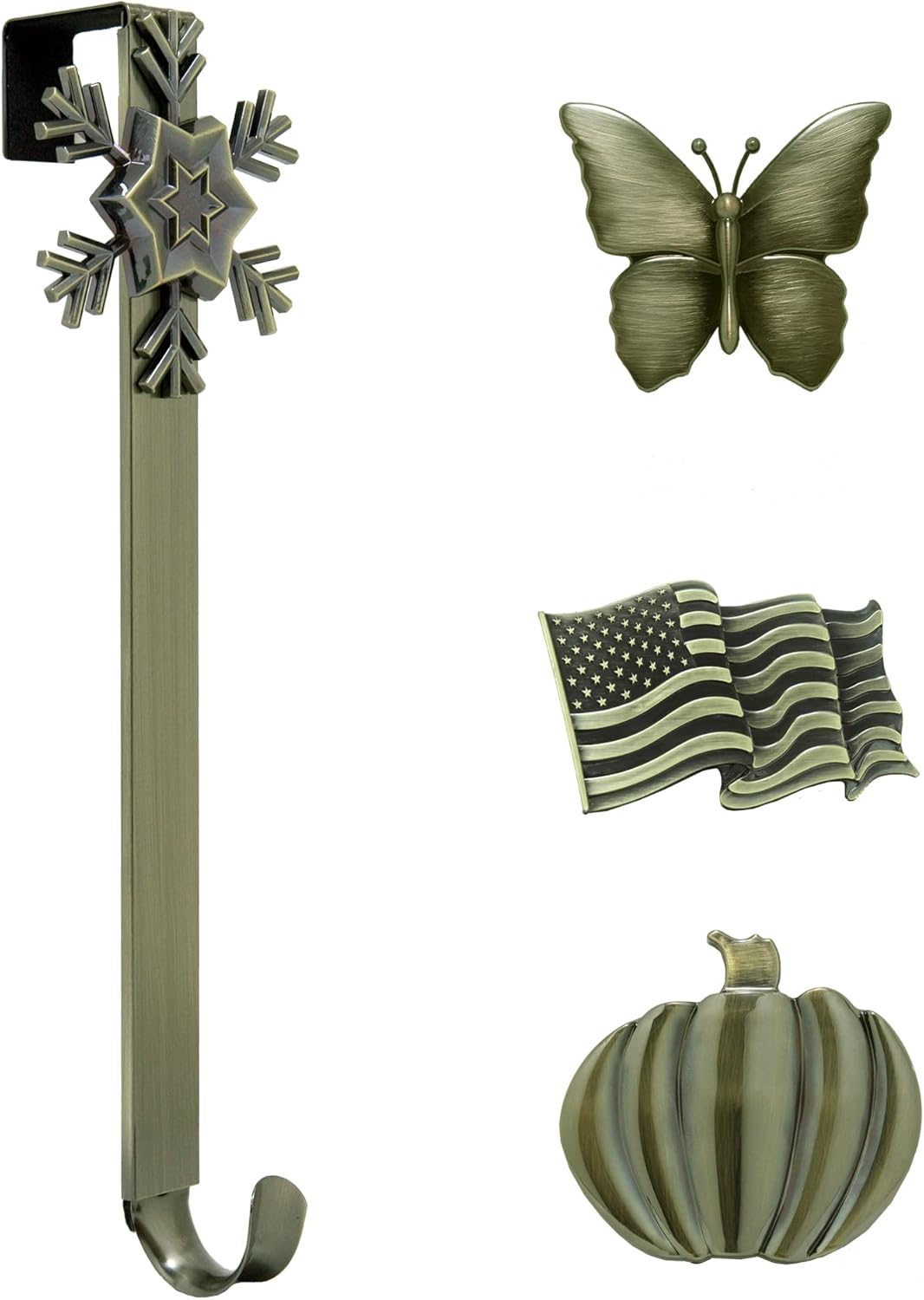 Wreath Hangers - Haute Decor Adapt Adjustable Length Wreath Hanger with Interchangeable Icons (Antique Brass-Flag/Snowflake/Butterfly/Pumpkin)