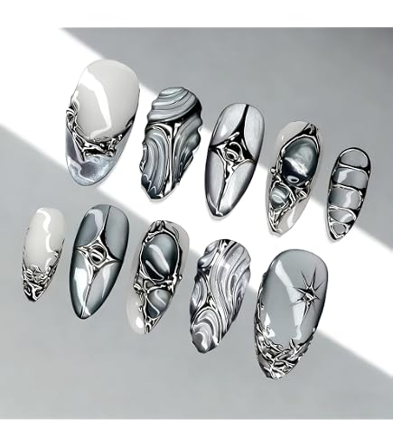 Faux Ongles Press On Effet Chrome Argenté - Forme Cercueil, Style Gothique Y2k - Neuf Avec Boîte
