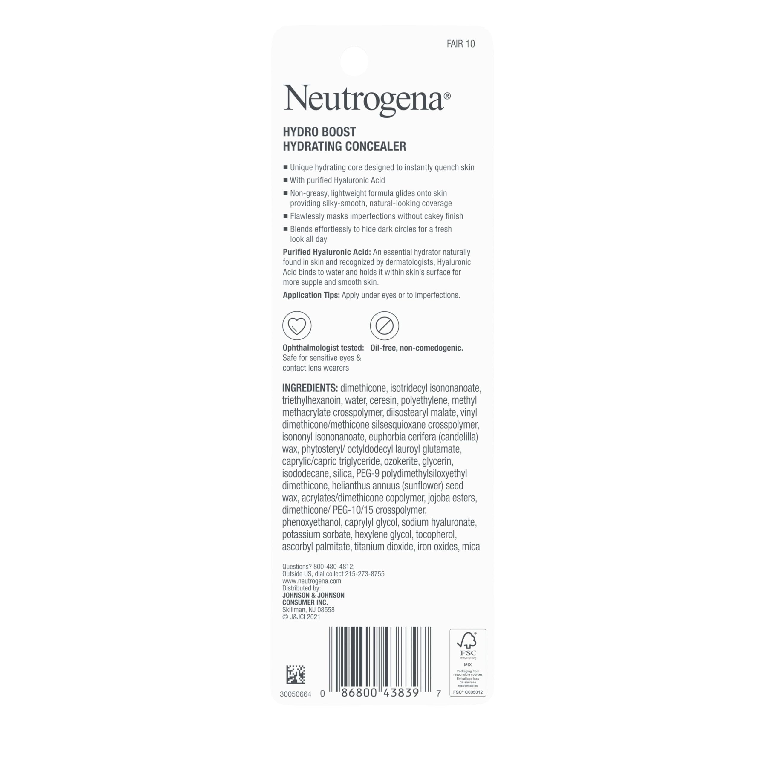 Neutrogena Hydro Boost Hydrating Concealer Stick for Dry Skin, Oil-Free, Lightweight, Non-Greasy and Non-Comedogenic Cover-Up Makeup with Hyaluronic Acid, 10/Fair, 0.12 Oz
