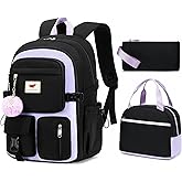 Laptop Backpack 15.6 Inch Elementary Middle High School Bag College Backpacks with Lunch Box Pencil Pouch 3 PCS Set Travel Bookbags for Teens Girls Women Students (Black Purple)