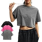 Wyeysyt Cropped T Shirts for Women Short Sleeve Acid Wash Cotton Tops Vintage Oversized Casual Basic Tee Shirts