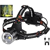 LED Rechargeable Headlamp, 99,000 Lumens Head Lamps (Include Βattery) Super Bright Long Distance Headlamps with 5 Mode Waterproof, 90° Adjustable Head Lights for Forehead Adults Outdoor Camping
