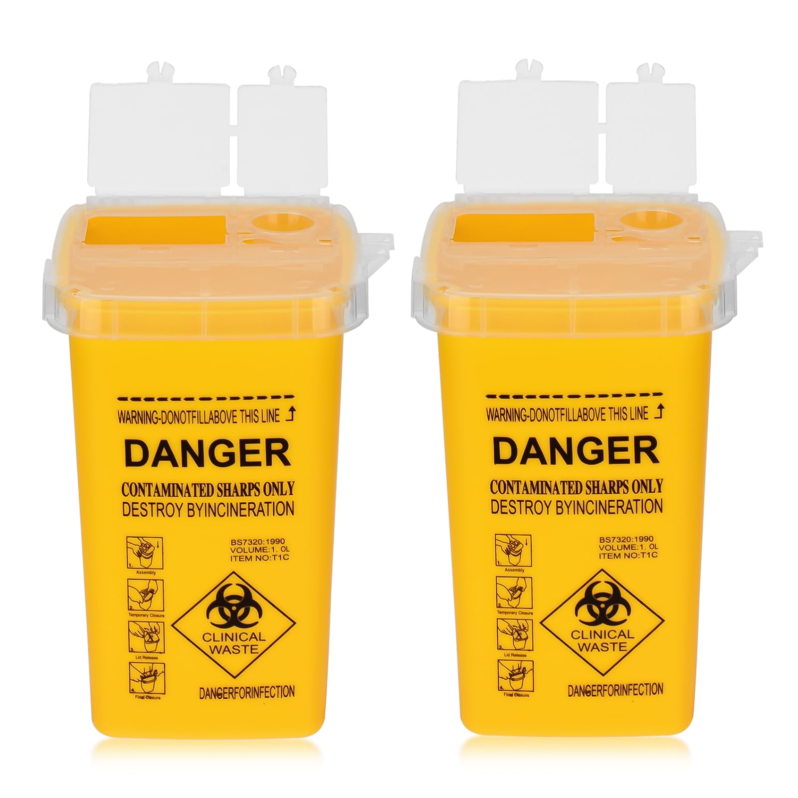 ATOMUS 2pcs 1L Yellow Tattoo Plastic Sharp Container Box Sharps Containers Needle Destruction Waste Bin Needle Disposal Bin with Lid for Tattoo Eyebrow Blade