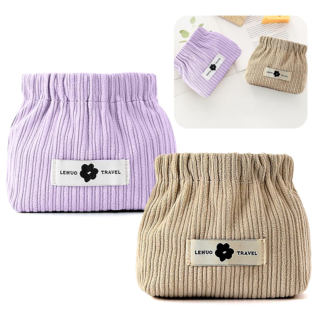 Koonafy 2pcs Corduroy Elastic Hair Tie Organizer Portable Travel Small Makeup Pouch Corduroy Lipstick Storage Bag for Hair Jewelry Lipstick Coin Purse for Women (Apricot+Purple)