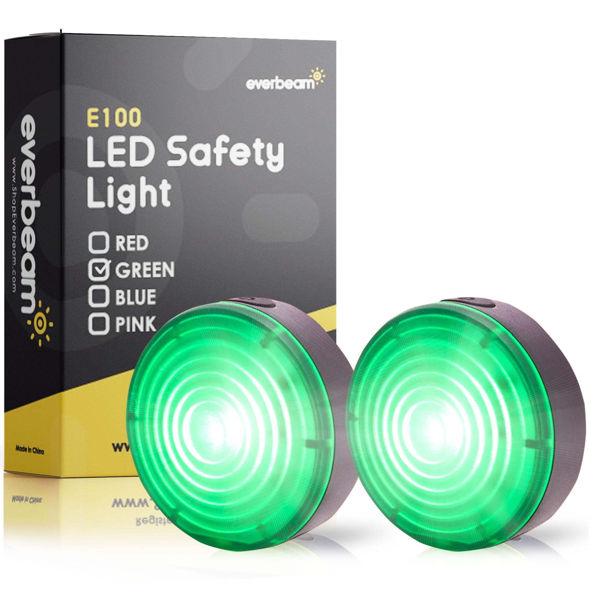 Everbeam E100 LED Safety Lights for Walking at Night - Waterproof Bike LED Light Excellent for Runners, Cycling, Dog Walking, Kayaking-Bright Clip On LED Light, Many Straps For Wearing - 2 Pack, Green