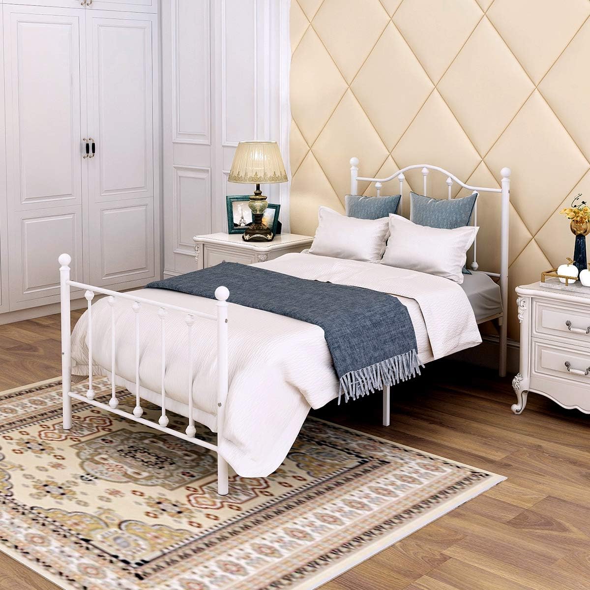 DUMEE Twin Size Metal Bed Frame Platform Modern American Style Mattress Foundation with Headboard and Footboard White