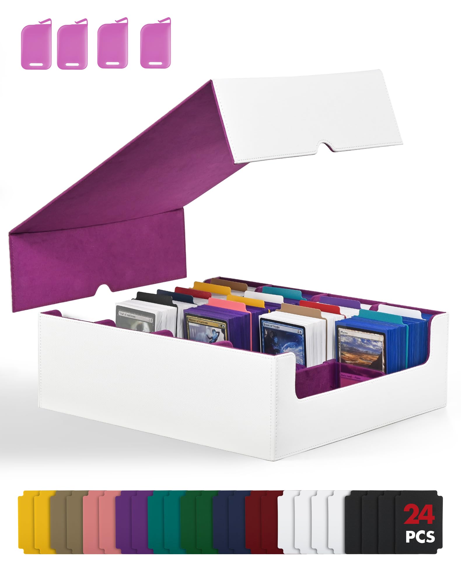 ZLCA Card Storage Box for MTG PTCG, Commander Deck Box Holds 3200+ Cards, Trading Card Storage Case with 4 Stoppers, Card Organizer for TCG Sport Cards(White&Purple)