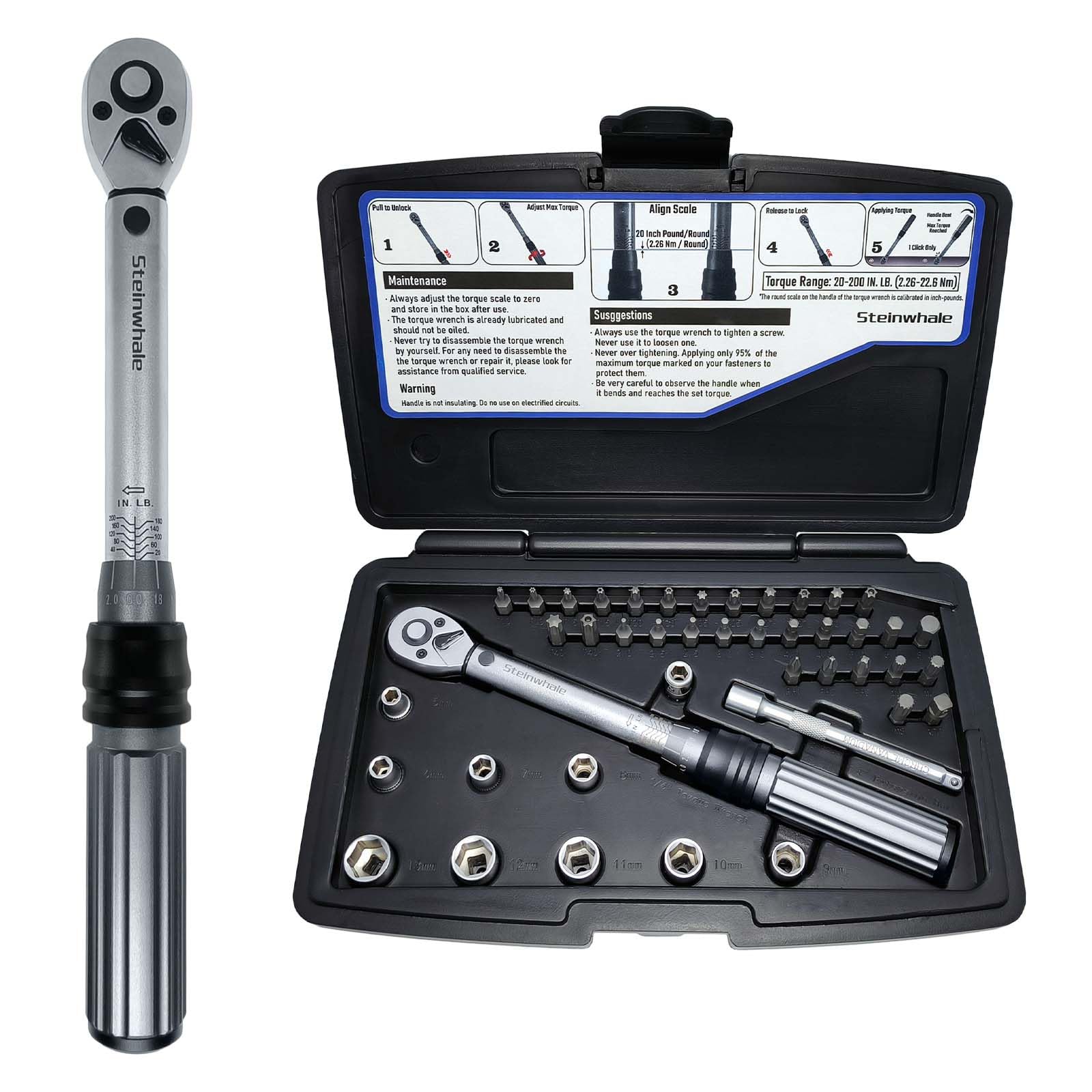 Steinwhale 1/4-Inch Drive 20-200 Inch Pound Torque Wrench Kit (2.26-22.6 Nm) for Carbon Bikes Maintenance, 1/4'' Drive, 72-Tooth Gear Ratchet, 43in1 Set with 30pcs S2 Steel Bits and 9pcs CrV Sockets