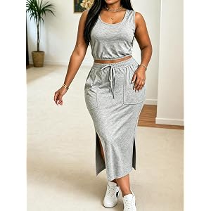 Women Two Piece Skirt Set Sleeveless Crop Top High Waist Midi Skirt Drawstring Casual Matching Outfit Set