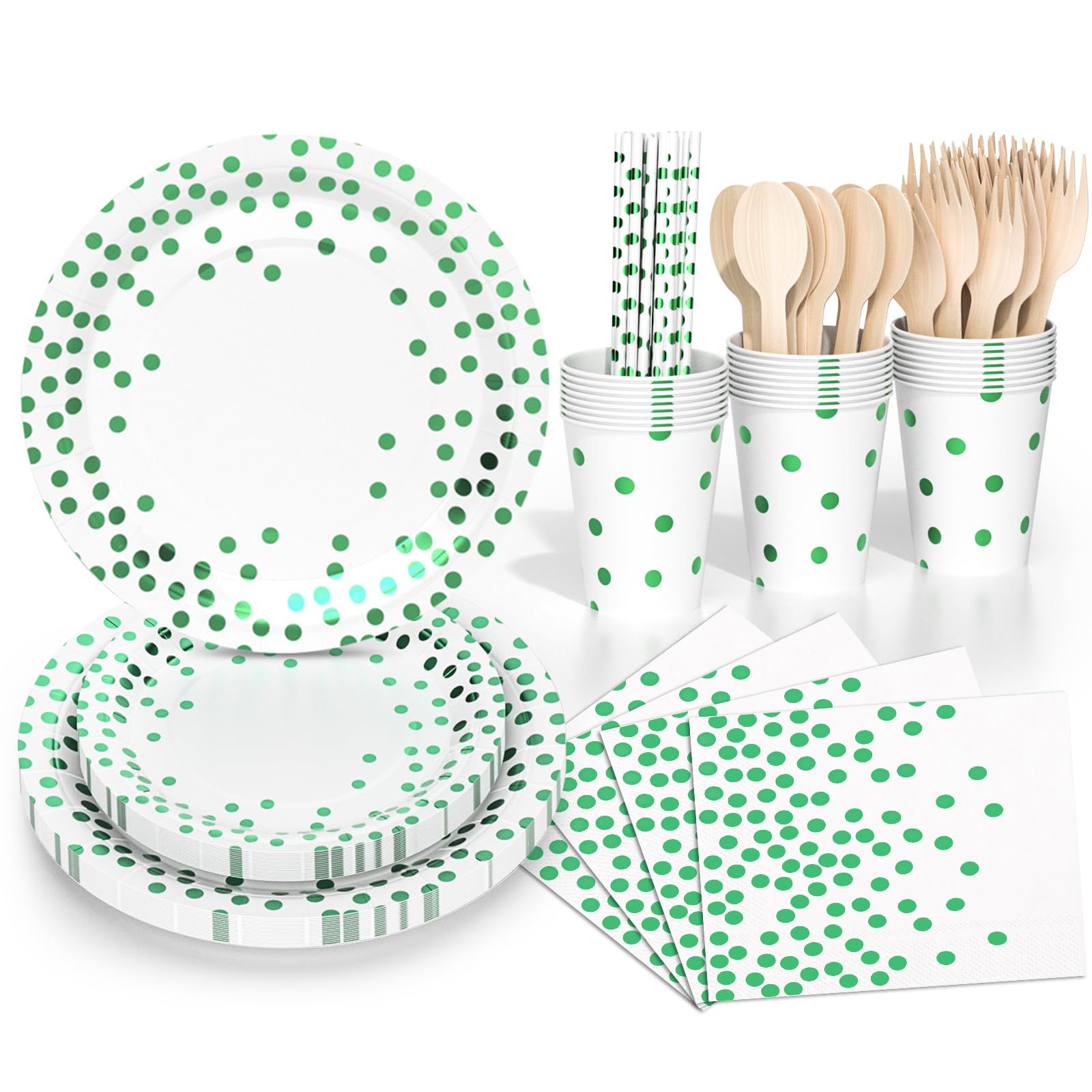 DN DENNOV Green Dots Paper Tableware Set - Serves 24 Guests with Plates, Napkins, Cups, Forks & Spoons | Baby Shower, Wedding, Jungle Safari Decoration (White & Green)