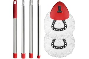 Hibaby 2 Spin Mop Head Replacement, 1 Base, 1 Mop Handle (30-58in) Combo Mops Set Compatible with OCedar EasyWring RinseClean Microfiber Mops (White (1-Tank System))