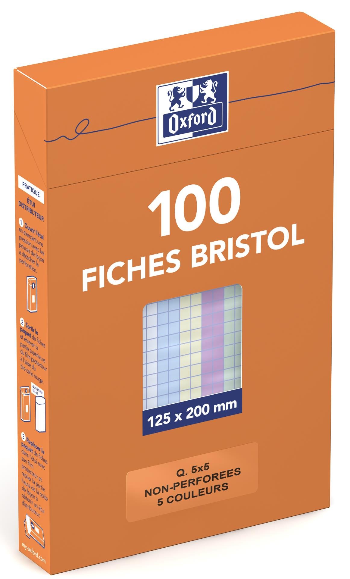 Oxford 100104817 Etui de 100 Fiches Bristol Assorted Coloured Squares 12.5 x 20 cm White/Blue/Yellow/Pink/Green