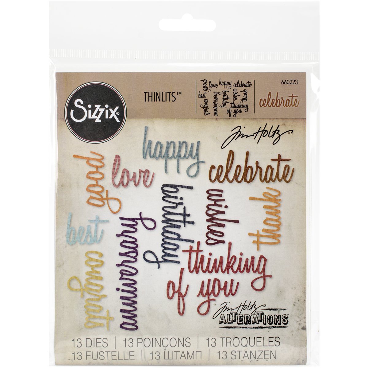 Thinlits Die Set 13PK Celebration Words: Script by Tim Holt