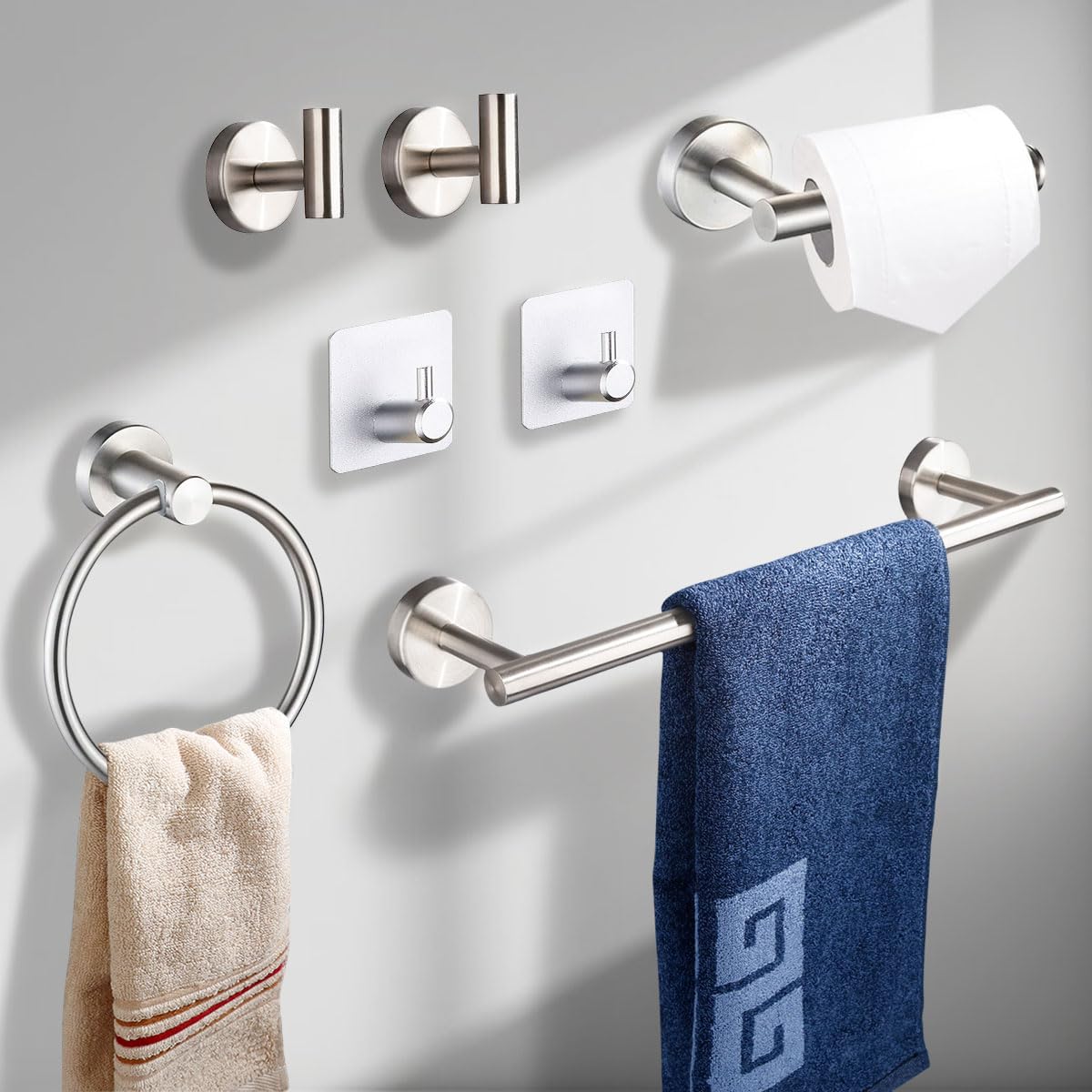 Toilet Roll Holder Set 7-Pieces - Wall Mounted Bathroom Accessory 16 inch Sets, Towel Rail, Towel Hook, Toilet Paper Holder, Coat Hooks, Towel Ring, Polished Silver 140703