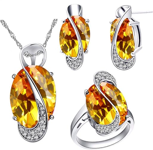 Amazon Uloveidoプリティイエローオーバル型作成シトリン11月誕生石ネックレスイヤリングリング記念日 約束ジュエリーセット シルバー サイズ Y1 リング 通販