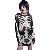 Women's Long Sleeve Halloween Skeleton Shirt See Through Sheer Mesh Top Blouse Rave Costume