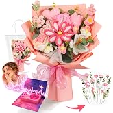 JinDouer Pink Crochet Flower Bouquet, Handmade Crochet Flowers Bouquet, Crochet Tulip Flowers, Graduation Gift for Mothers Day, Birthday, Anniversary, Valentines Day, with Bag and Card (Blush Rose)