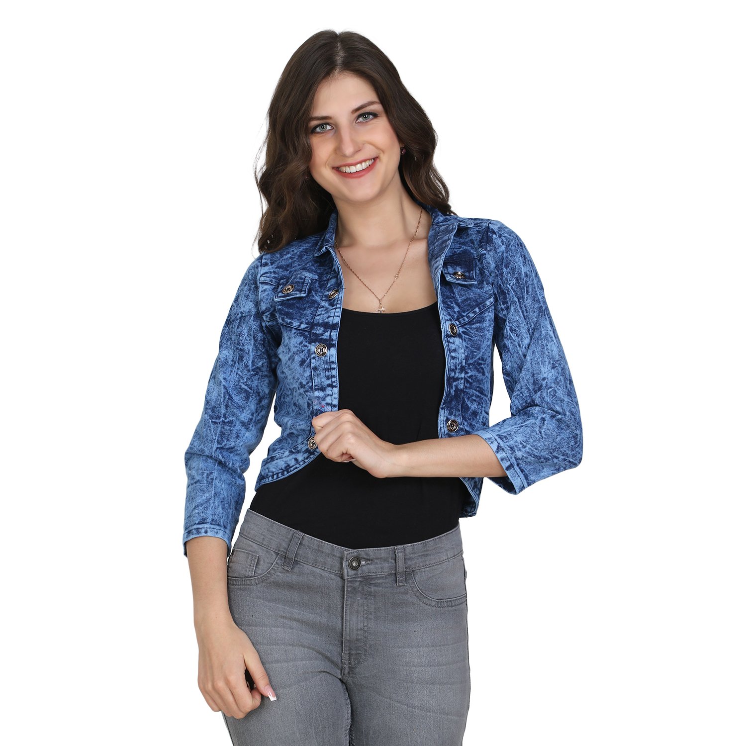 buynewtrend blue 3/4th sleeve denim shrug/jacket for women