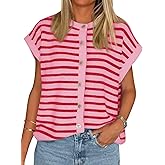 Cicy Bell Womens Striped Cap Sleeve Sweater Vest Crew Neck Button Down Cardigan Cute Knit Tops