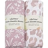 LifeTree Swaddle Blankets Baby Girl, 2-Pack Super Soft 70% Viscose Bamboo and 30% Cotton Muslin Swaddles Blankets (Large 47" x 47"), Mauve Floral & Blush Leopard Pattern, Newborn Baby Registry