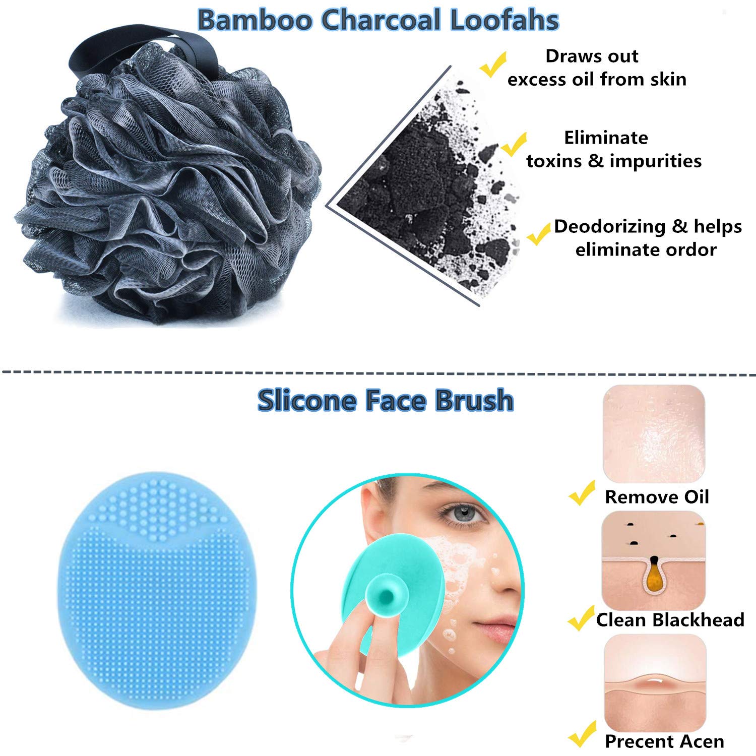 Body Scrubber Set, Shower Brush, Silicone Back Scrubber Washer, Wet and Dry Bath Body Brush, Silicone Body Brush with Scrub Bath Shower Scrubber Bathing Accessories Silicone Face Brush Charcoal Loofah : Beauty