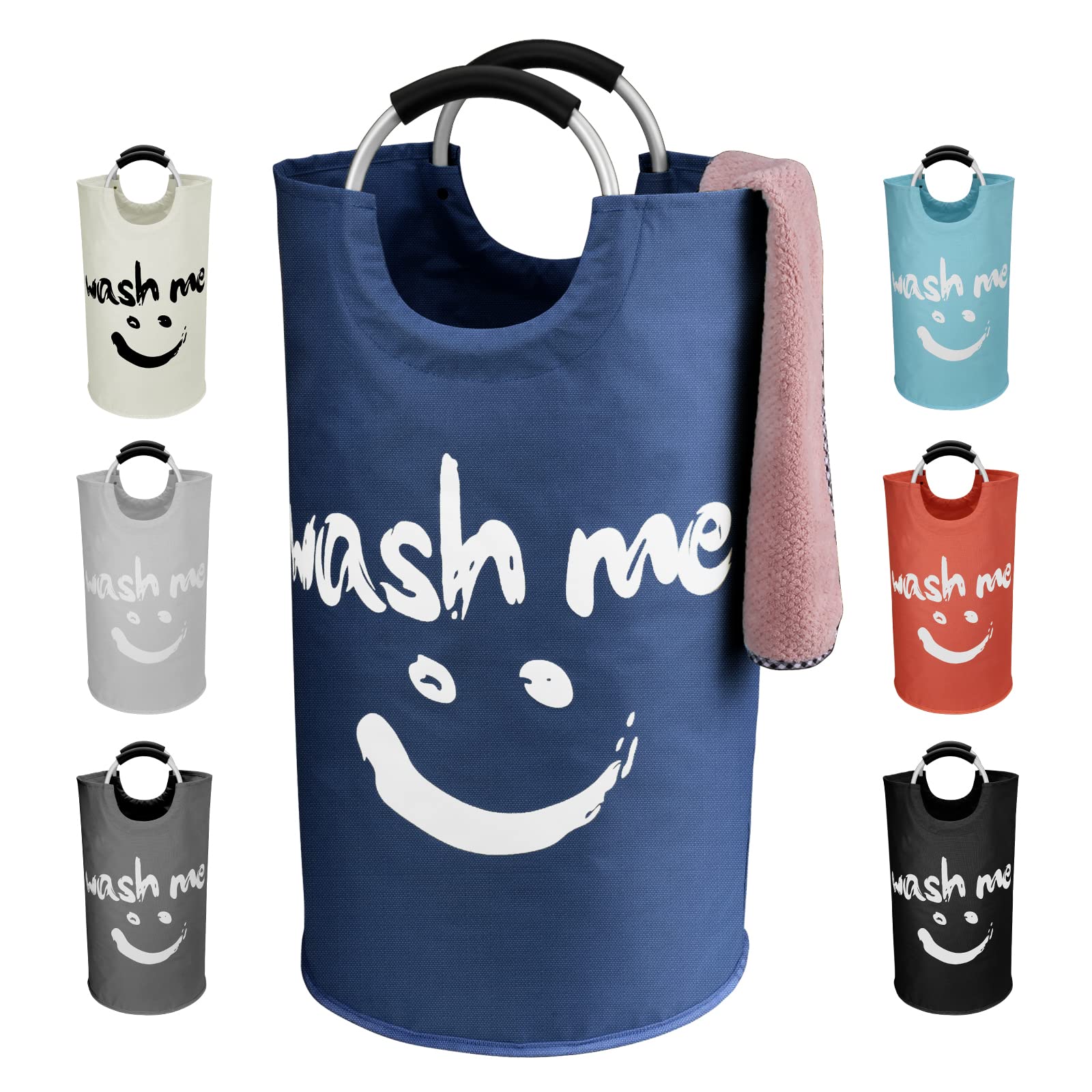 IHOMAGIC Collapsible Laundry Bin 115L, Independent Fabric Laundry Hamper with Comfortable Handle, Smiley Laundry Washing Bin Clothes Organizer for Living room, Camping, Indoor or Outdoor, Navy Blue