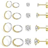 PierceNest 8 Pairs Stud Earrings for Women, Surgical Steel Earrings Set Lightweight and Trendy 316L CZ Cartilage Earlobes Hypoallergenic