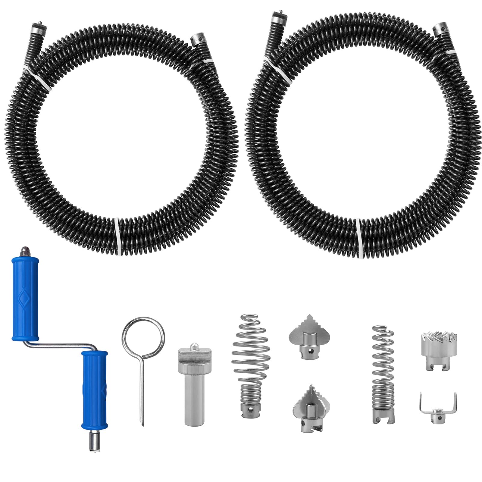 Drain Snake Unblocker 2 x 3 Metre Spirals, φ12 mm, with 6 Pieces Drain Cleaner Cutting Head and 1 Manual Adapters and 1 Electric Adapter, Drain Unblocker Tool