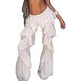 Women Ruffle Mesh Pants Sexy Flare Beach Cover Up Pants Sheer Going Out Bottoms for Pool Party Festival Rave Vacation