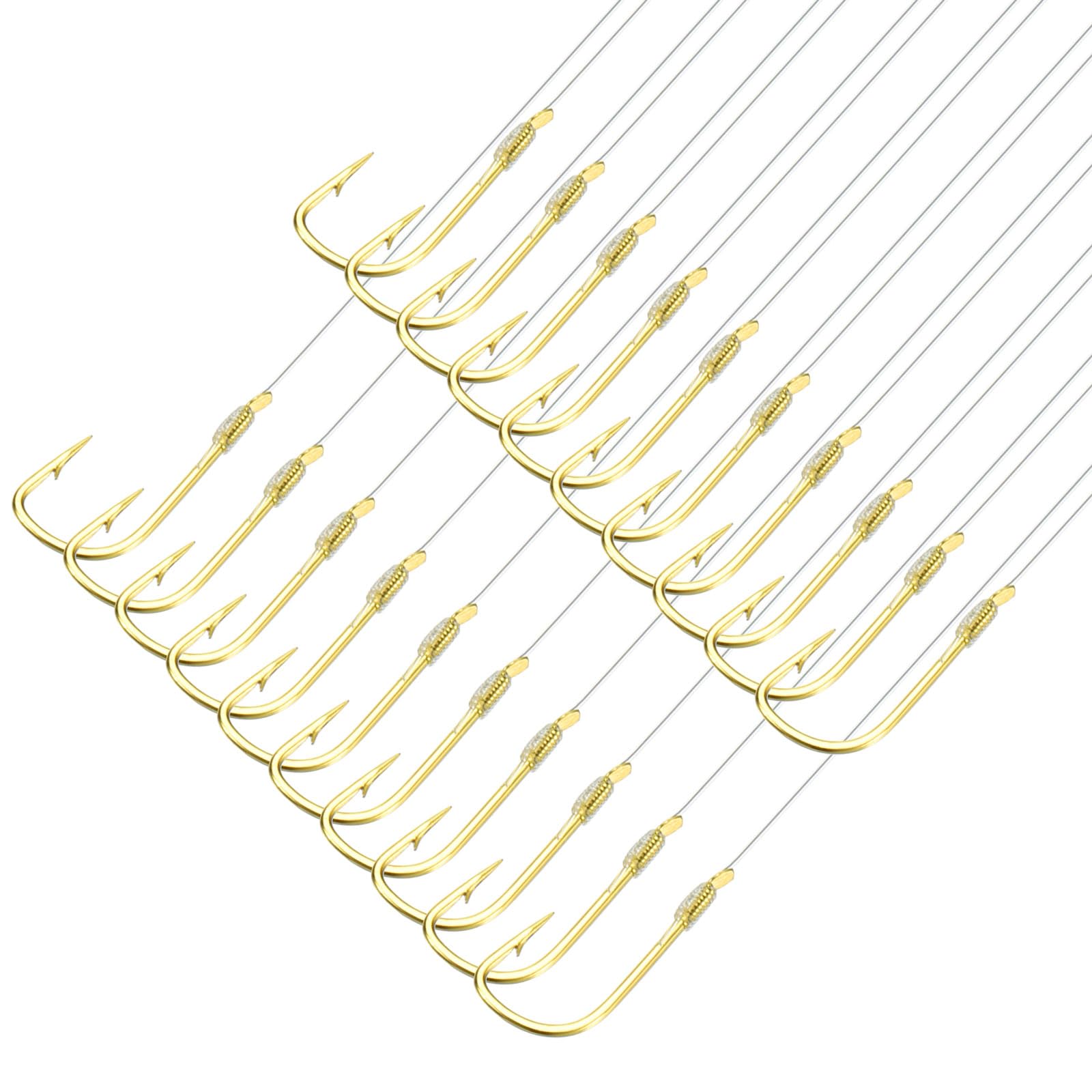 PATIKIL 5# Small Fishing Hooks with 36cm Line, 20Pcs 0.4x0.2 Inch Double Hook Rigs with Barbs Fishing Hook on Nylon Line for Freshwater, Gold Tone