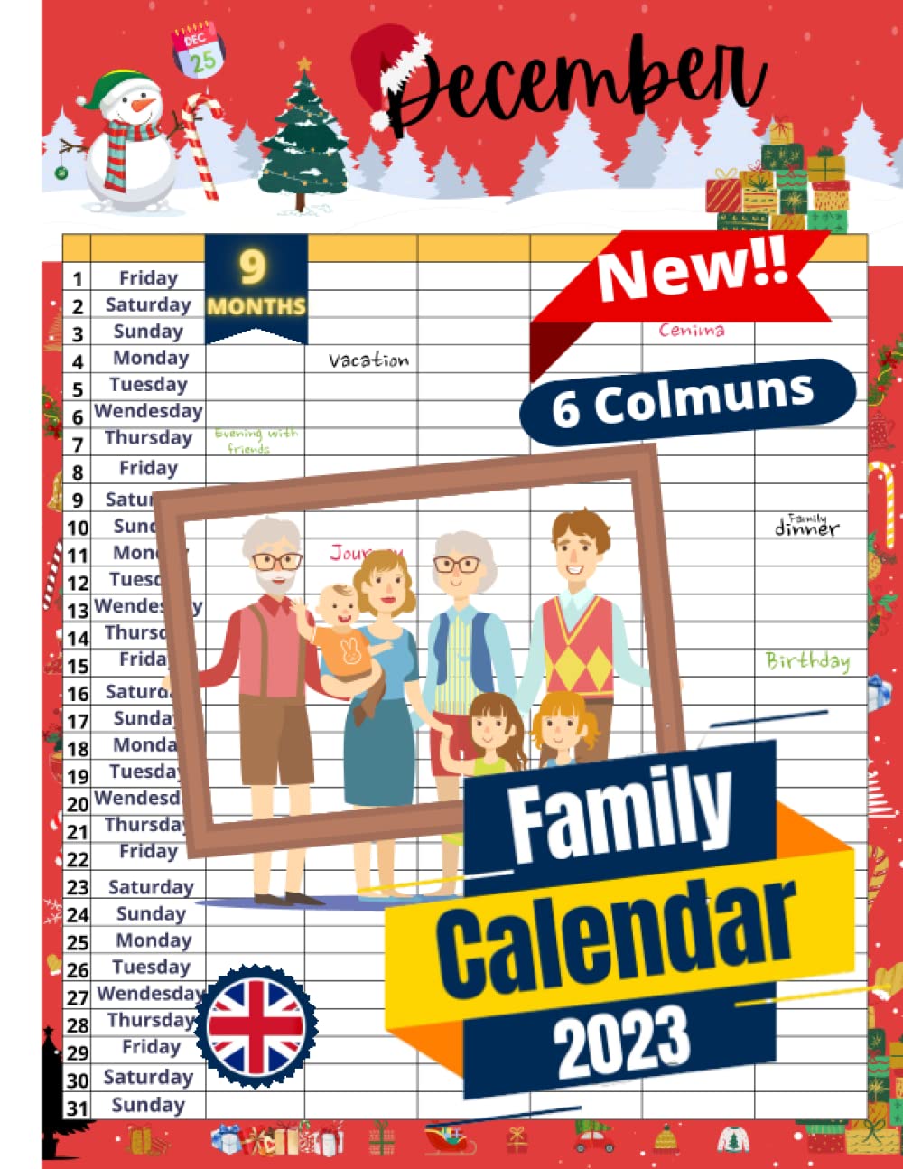 Family Calendar 6 columns 9-Month April to December 2023: A Classic and Wonderful design To Best House Deluxe Size (8.5x11).