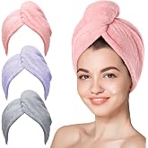 Hicober Microfiber Hair Towel Wrap for Women, Pink Purple Grey, 3-Pack | Soft, highly absorbent wrap helps hair dry faster and stays securely in place on curly, thick or long hair