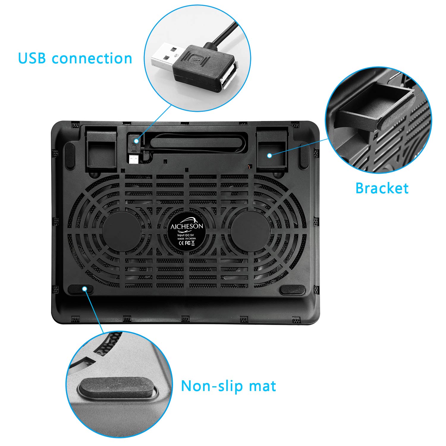 Laptop Cooler, Aicheson Ultra Slim Laptop Cooling Pad Chill Mat with 2 Heavy Duty Quiet Fans USB Powered with LED Lights