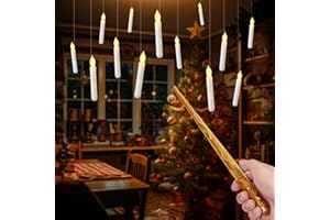 Raycare Floating Candles with Wand, 12 Pcs Magic Hanging Candles Flameless, Flickering Warm Light LED Taper Candle with Wand Remote, Battery Operated Window Candle for Halloween Witch Wizzard Decors